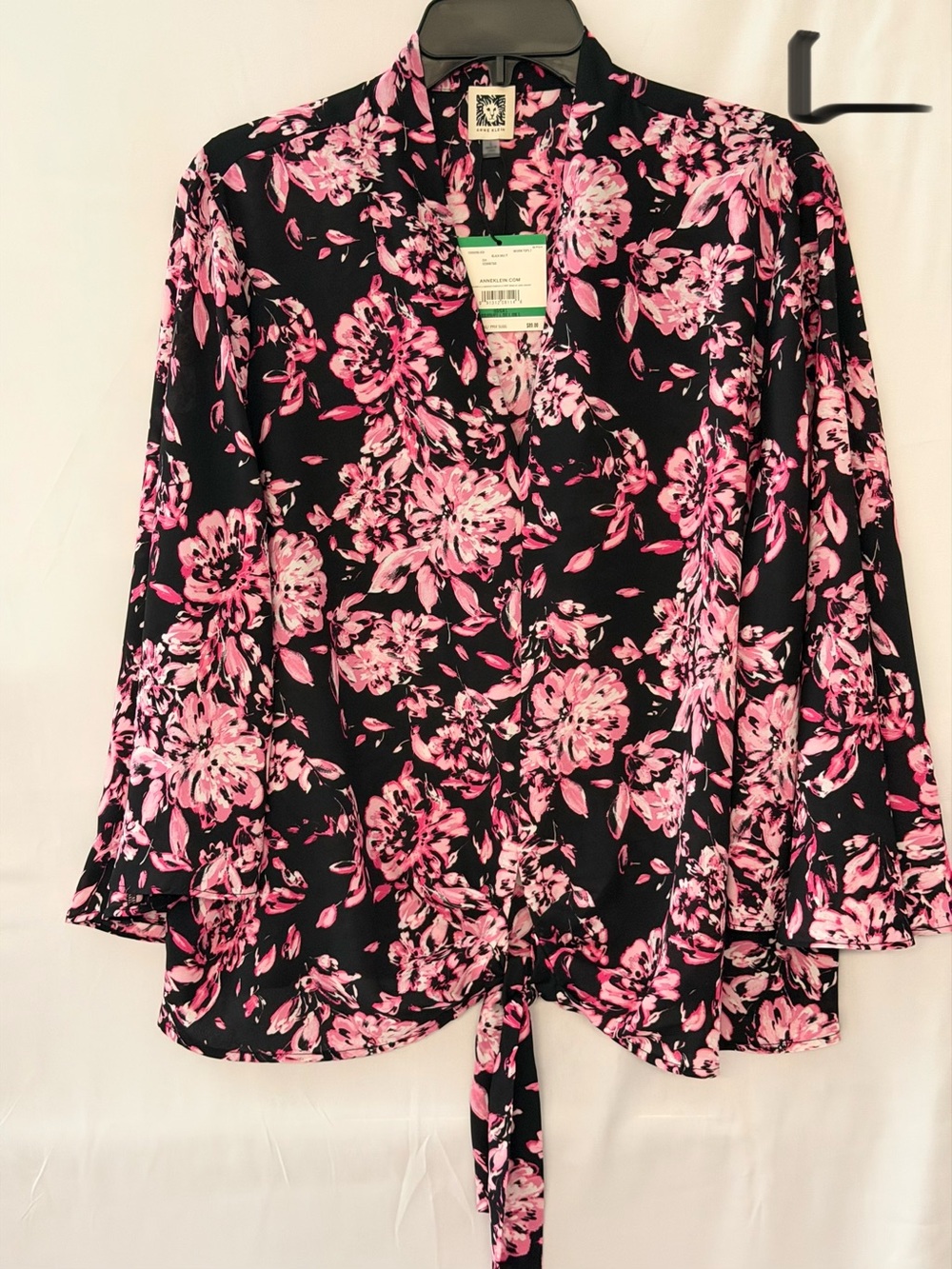 Anne Klein Black Blouse with Pink Floral Tie-Front